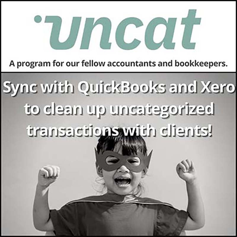Uncat affiliate graphic promoting transaction categorization tool for QuickBooks and client communication