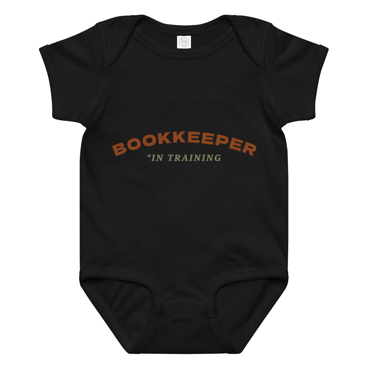 Product mockup - Front view of a black baby jersey bodysuit showing a soft infant one-piece with short sleeves and snap closure