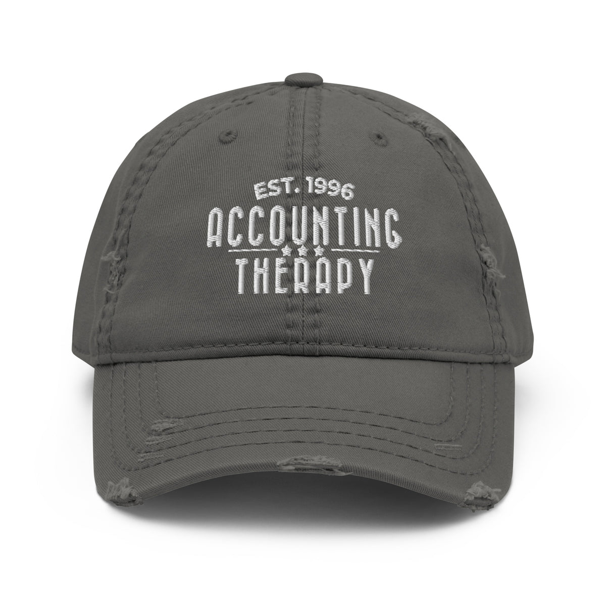 Product mockup - Front view of a grey distressed dad hat showing a vintage-style baseball cap with curved brim and unstructured fit