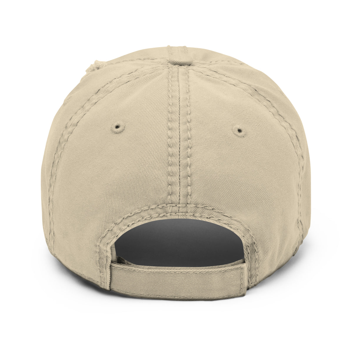 Product mockup - Back view of a khaki distressed dad hat showing a low-profile unstructured baseball cap with curved brim