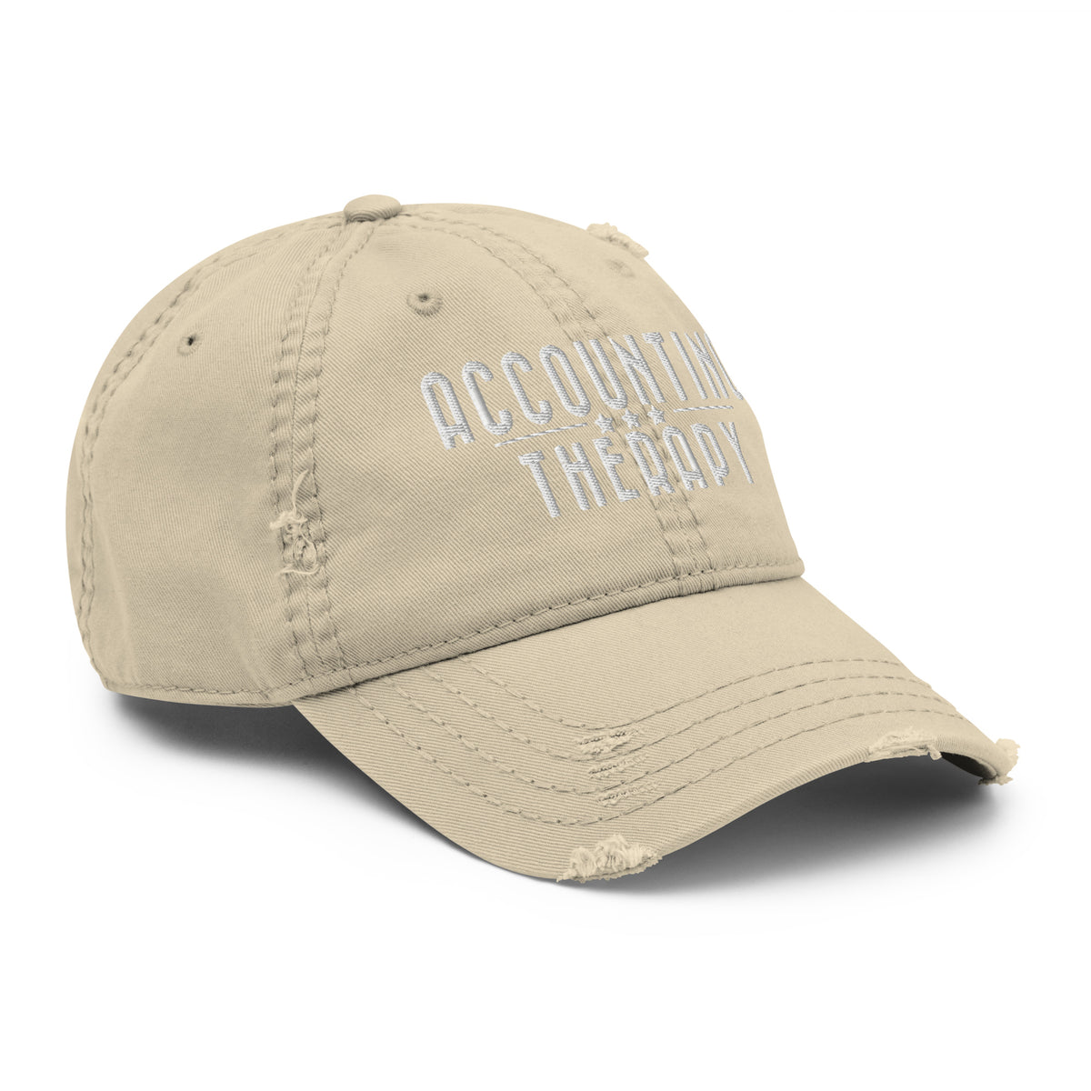 Product mockup - Right-front view of a khaki distressed dad hat showing a low-profile unstructured baseball cap with curved brim