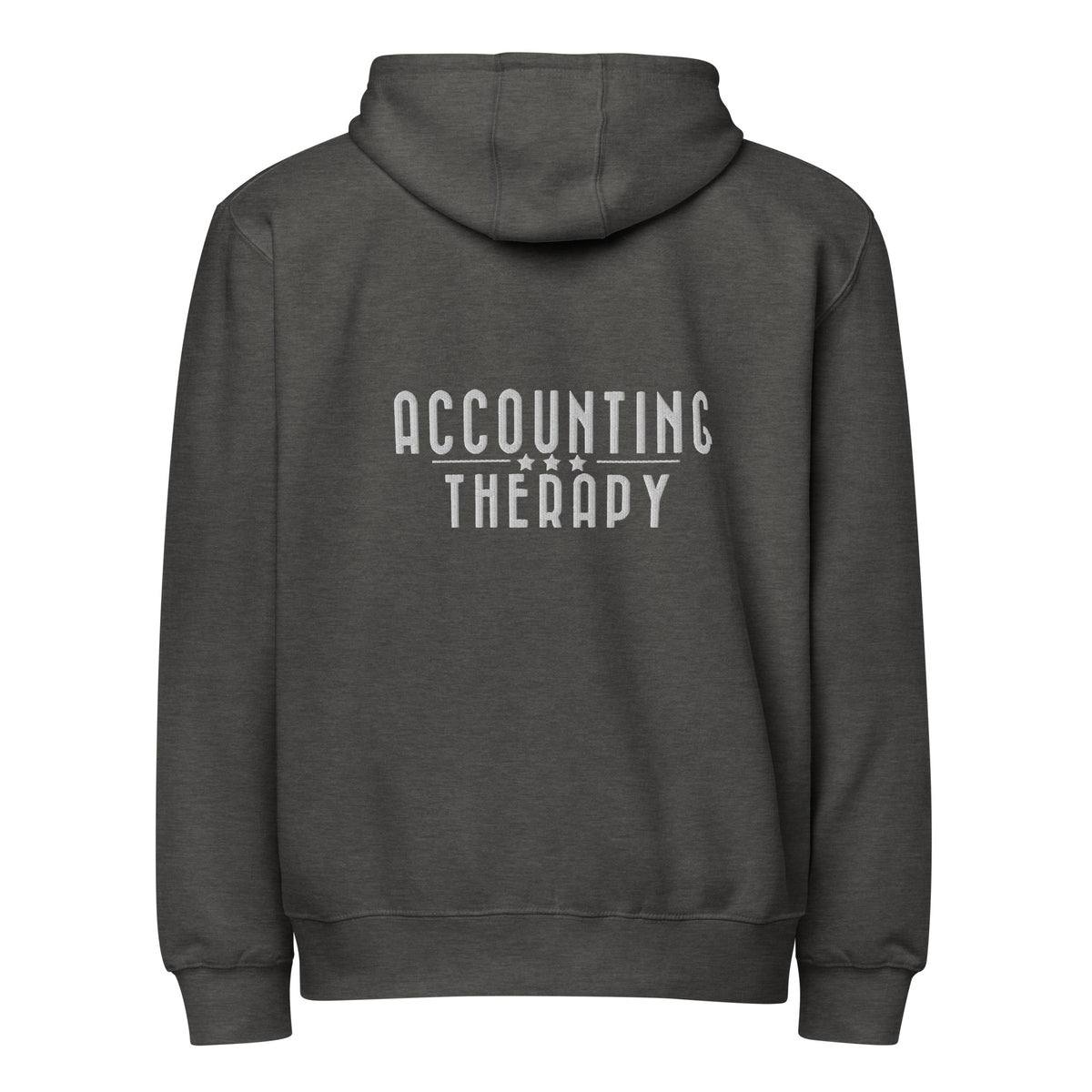 Product mockup - Back view of a heather charcoal unisex full zip hoodie showing a relaxed fit hooded sweatshirt with long sleeves and ribbed hem