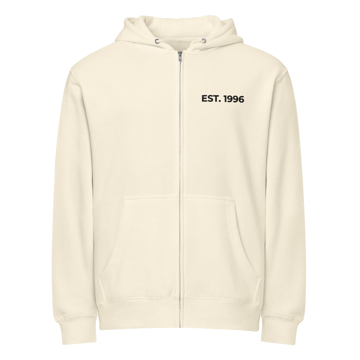 Product mockup - Back view of a sandshell unisex full zip hoodie showing a relaxed fit hooded sweatshirt with long sleeves and ribbed hem