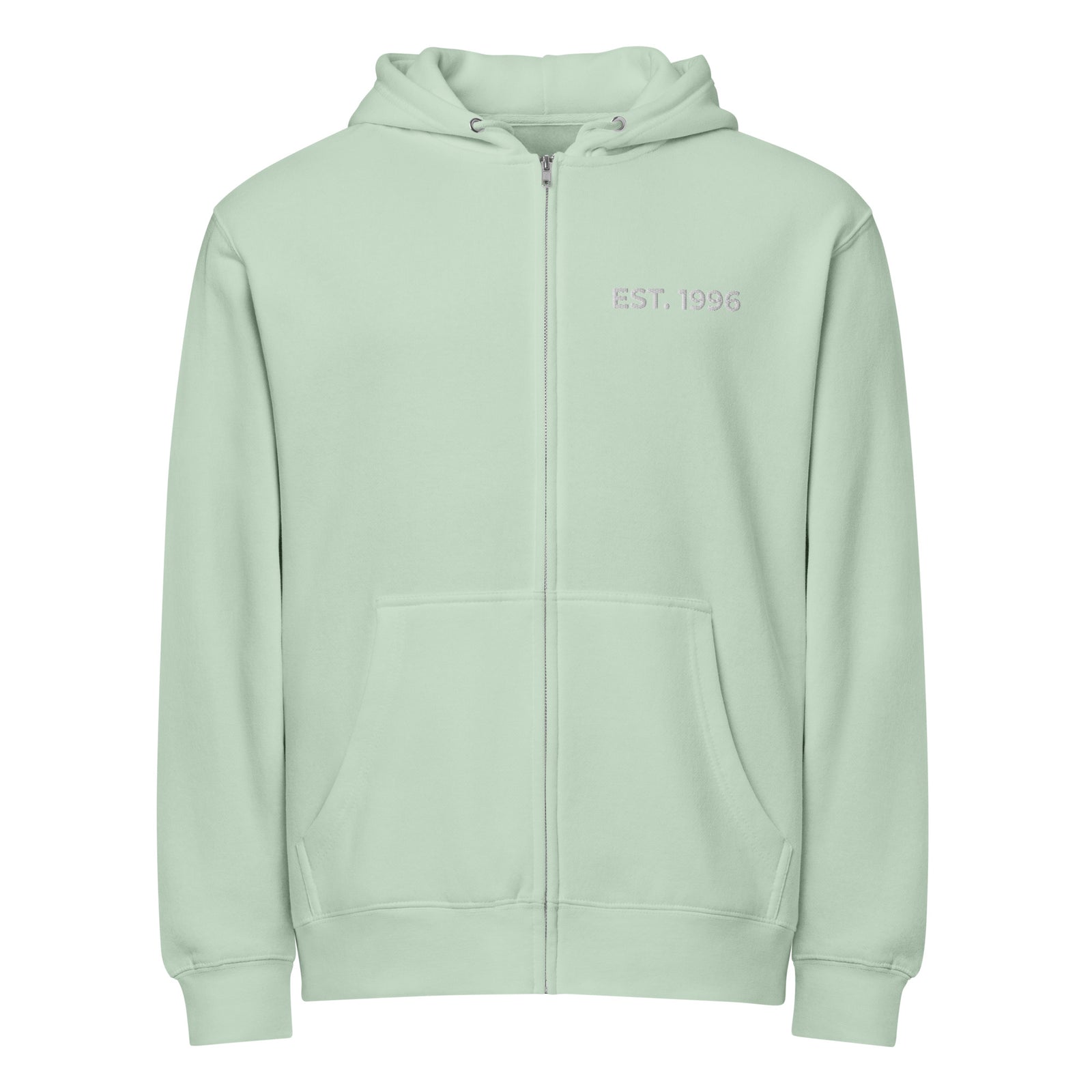 Product mockup - Front view of a seafoam unisex full zip hoodie showing a relaxed fit hooded sweatshirt with long sleeves and ribbed hem