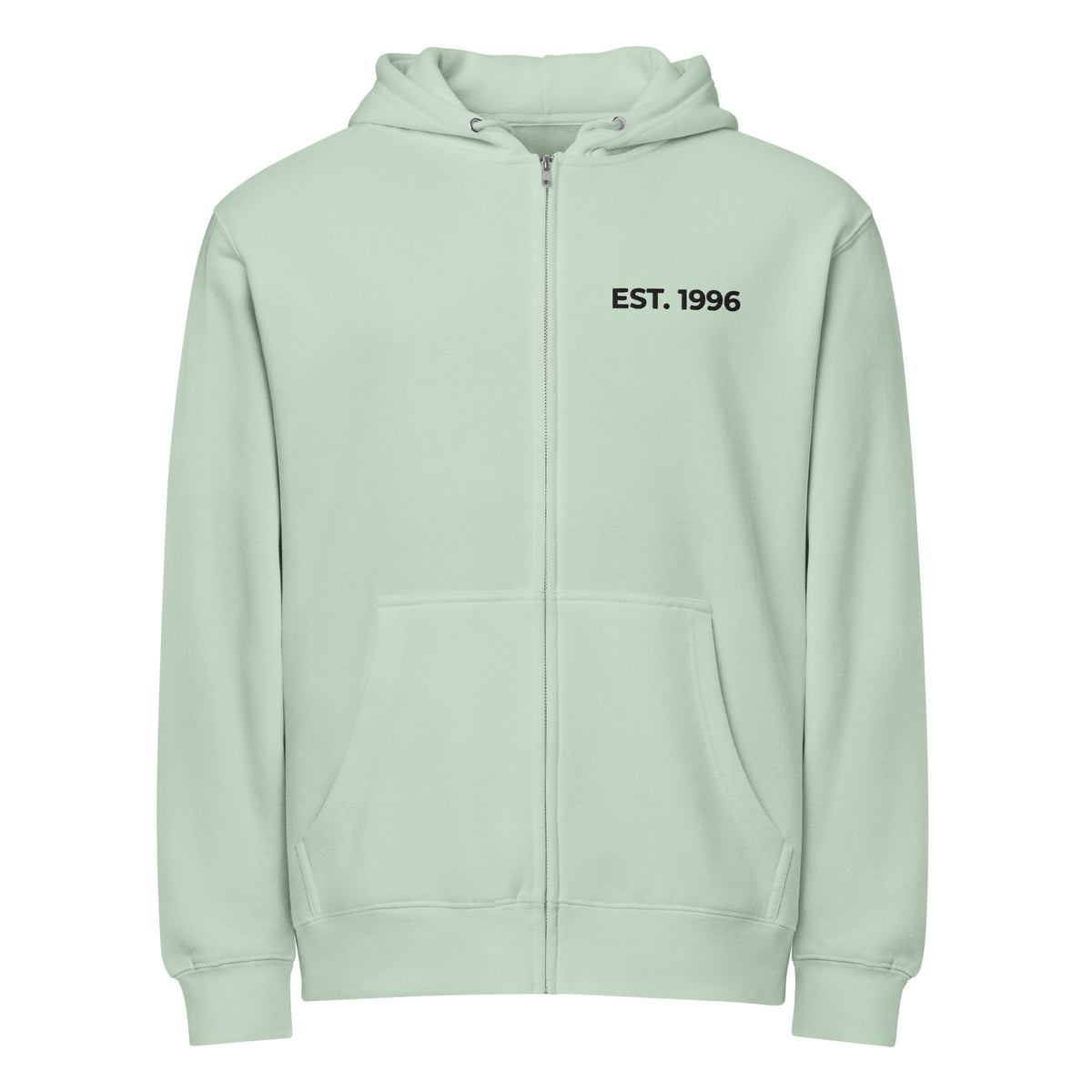 Product mockup - Front view of a seafoam unisex full zip hoodie showing a relaxed fit hooded sweatshirt with long sleeves and ribbed hem
