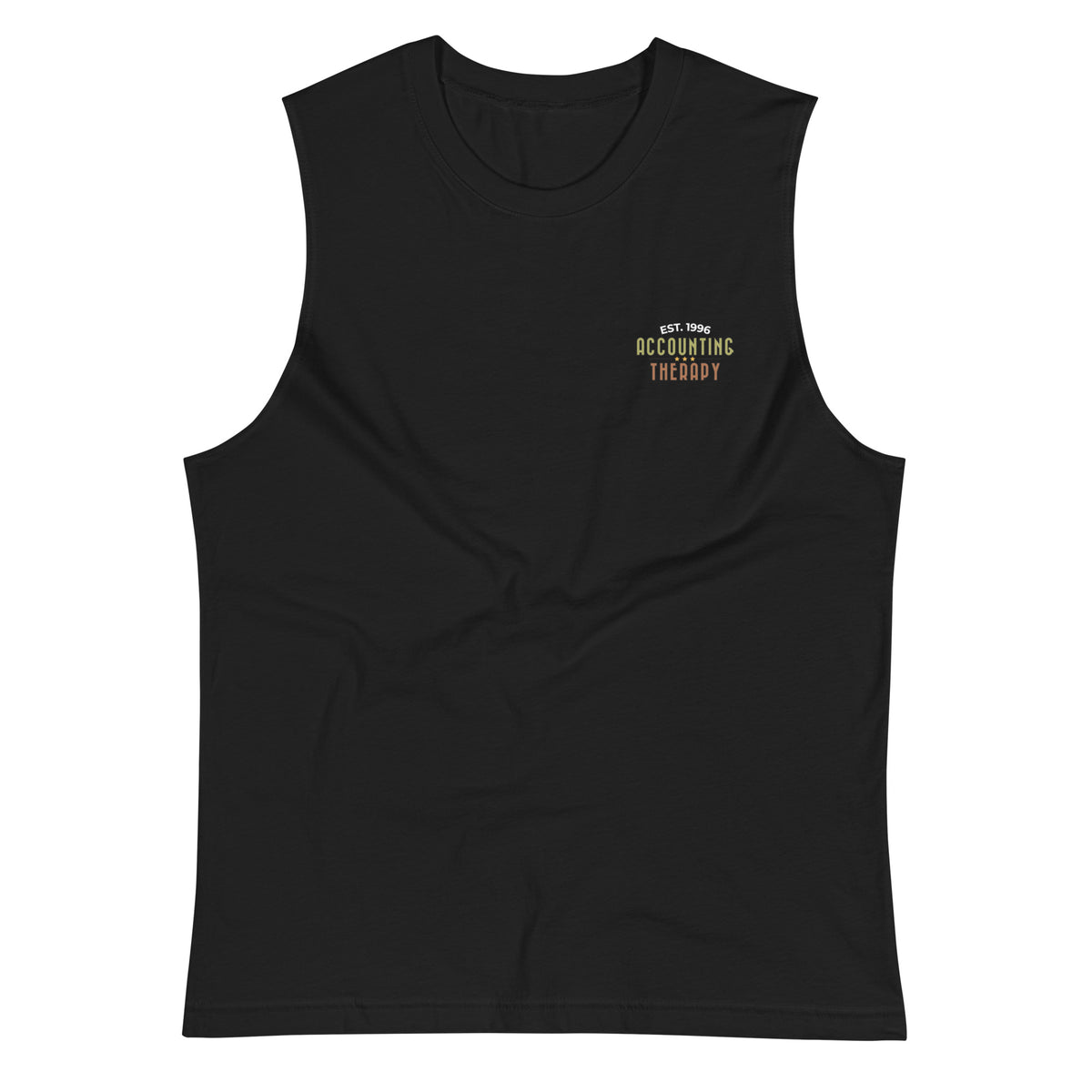 Product mockup - Front view of a black unisex muscle shirt showing blank design area on sleeveless tank top