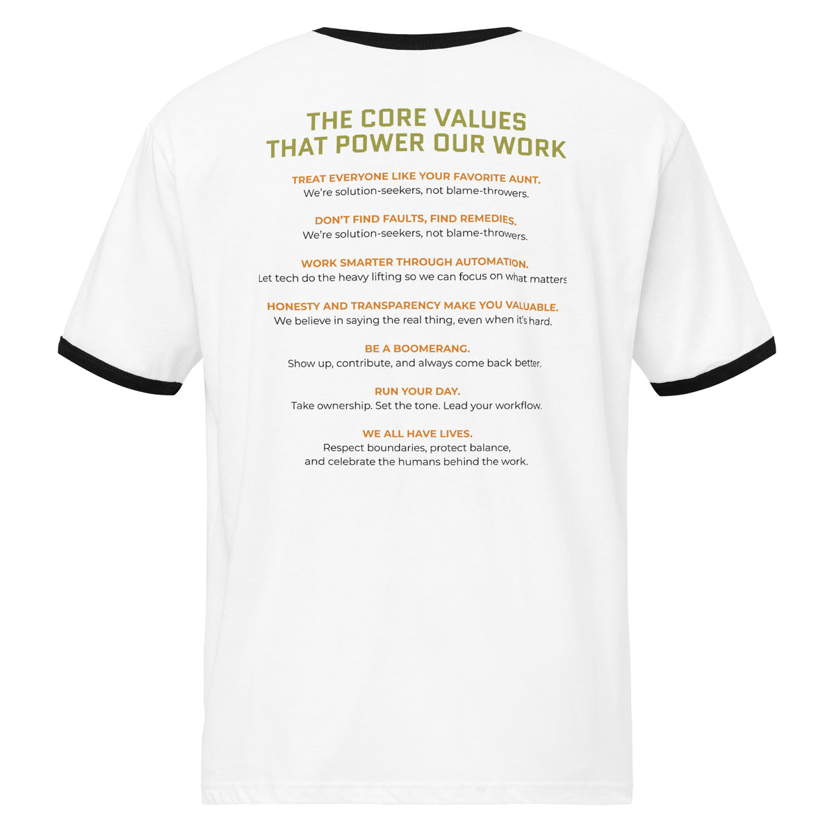 Product mockup - Back view of a white and black unisex ringer t-shirt showing a classic crew neck tee with contrasting black collar and sleeve bands
