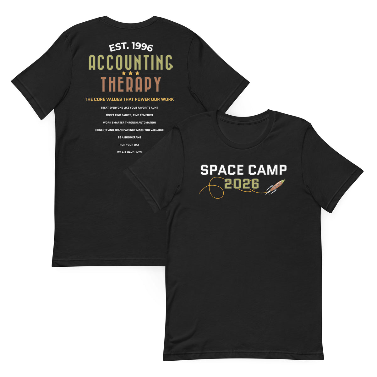 Product mockup - Front and back view of a vintage black unisex staple t-shirt showing a classic fit short sleeve crew neck tee with blank design areas